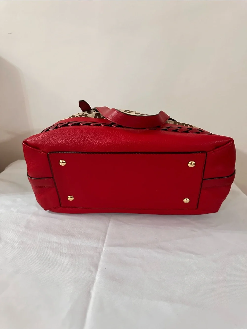 Michael Kors Beige MK Monogram Satchel with Red Trim